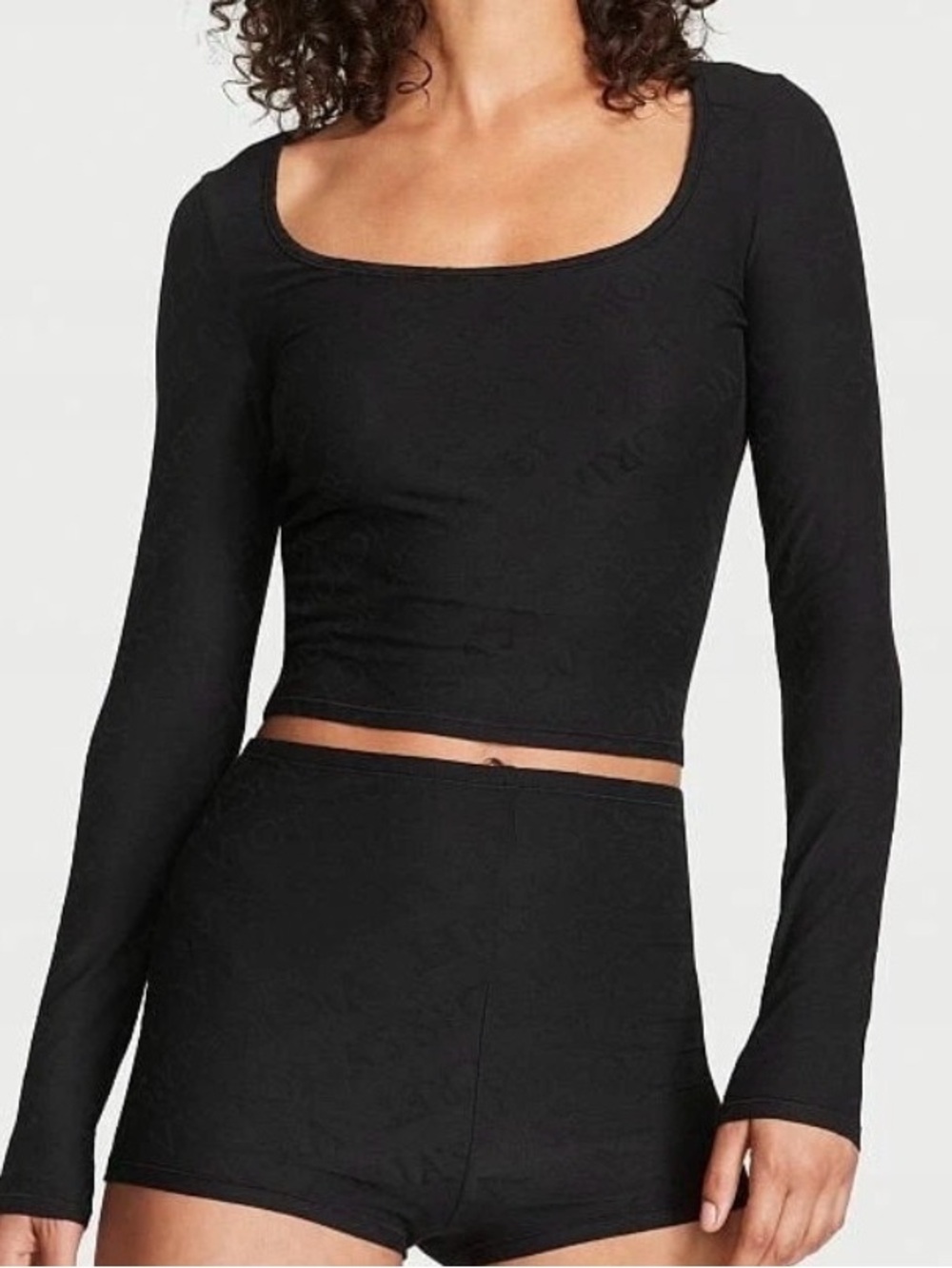🔥Victoria's Secret Black Logo Long-Sleeve Cropped Sleep Shirt, Sz M,NWT